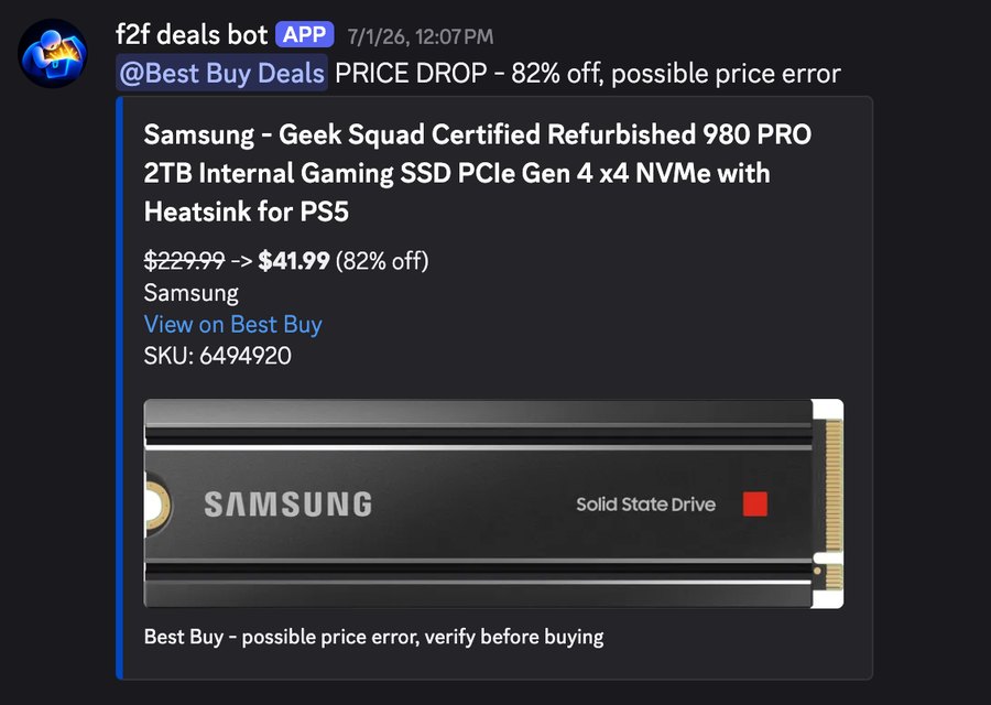 Best Buy alert: Samsung 980 PRO 2TB SSD at $41.99, down from $229.99, flagged as a possible price error