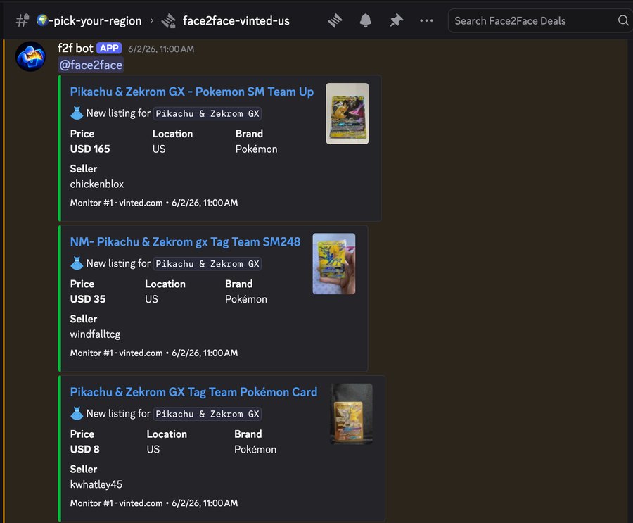 Vinted alerts for new Pikachu and Zekrom GX card listings with price, location and seller